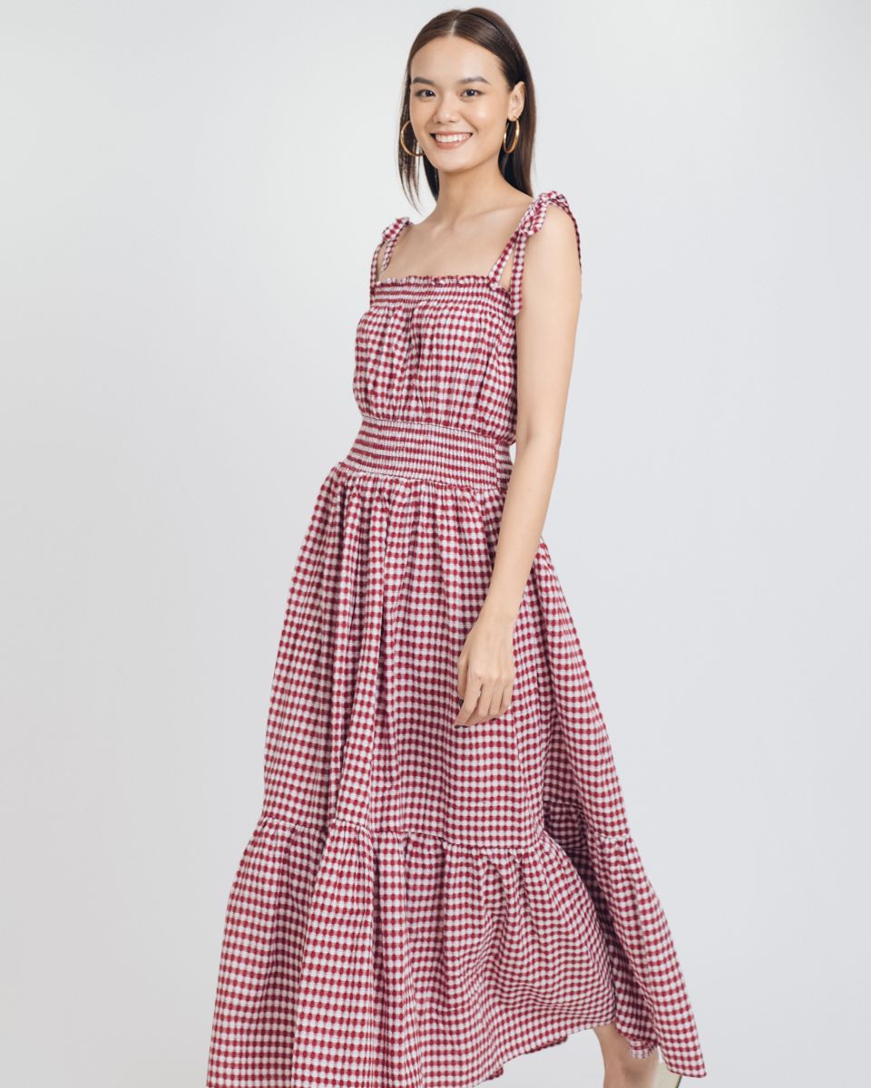 Đầm Linen Đỏ Caro Hai Dây