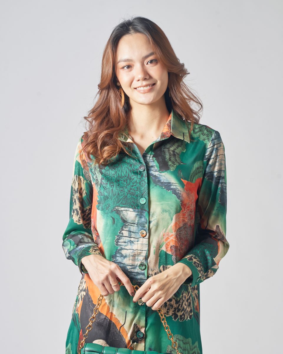 Đầm Lụa Xanh Họa Tiết