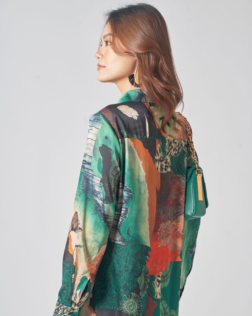 Đầm Lụa Xanh Họa Tiết