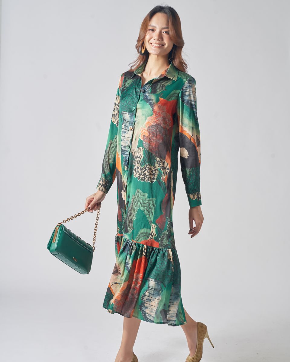 Đầm Lụa Xanh Họa Tiết