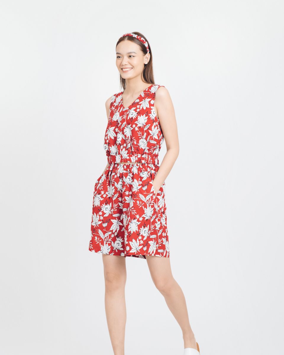 Áo Kiểu Linen Hoa Đỏ Brighter Day