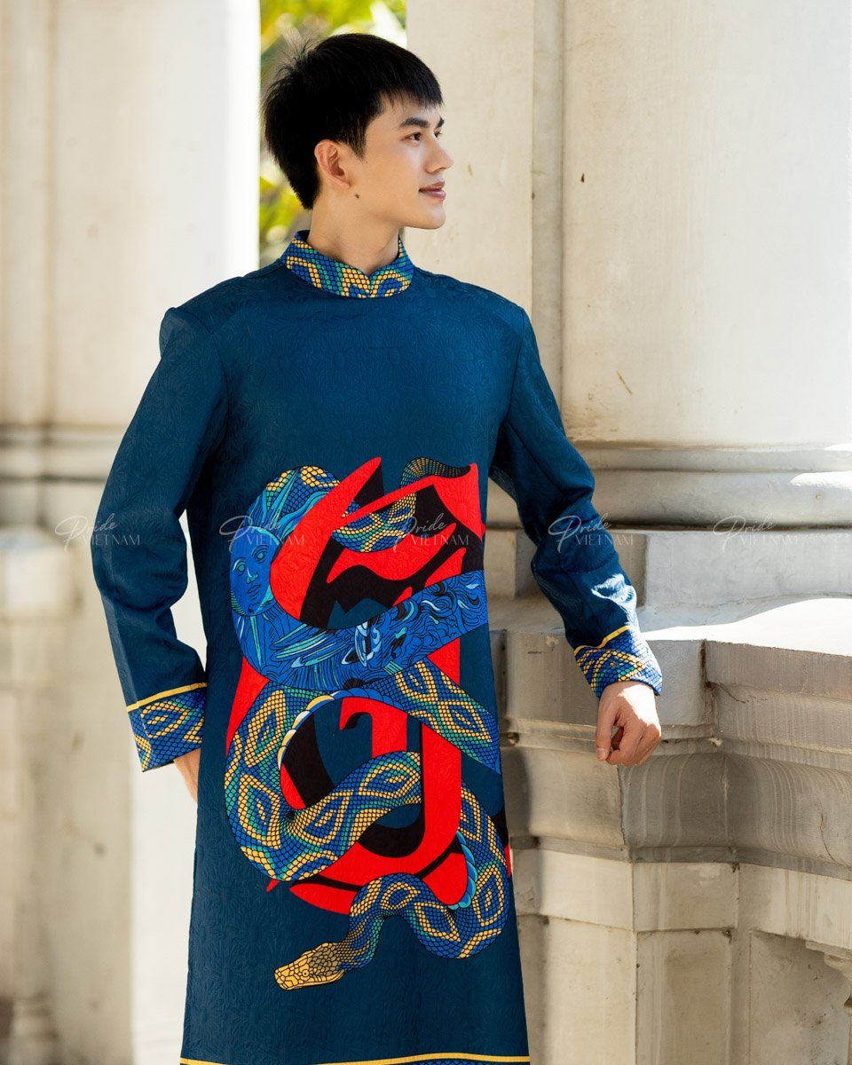 Áo Dài Nam Gấm Xanh Rắn