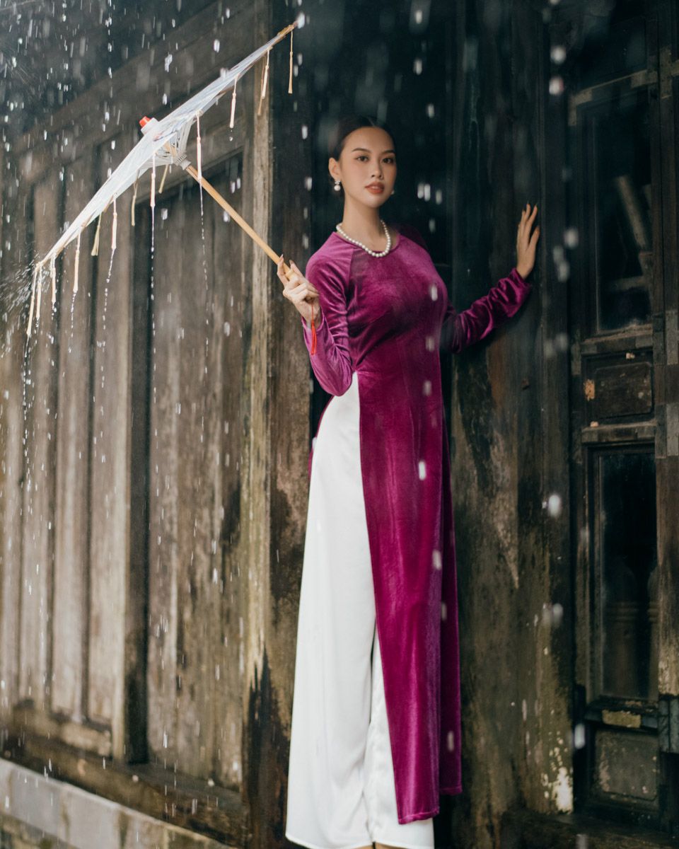 Áo Dài Nữ Nhung Hồng Tím Pride Việt Nam