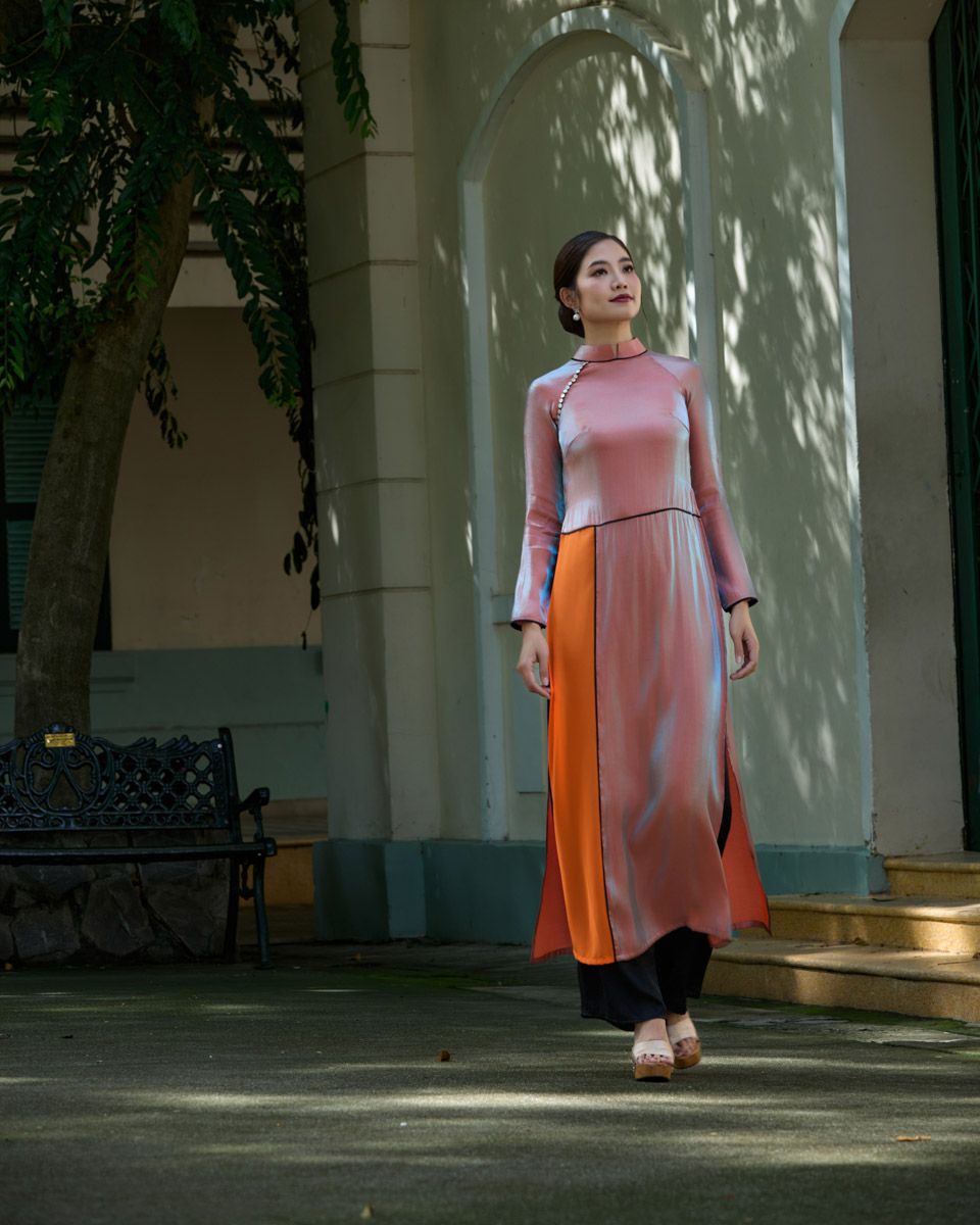 Áo Dài Nữ Lụa Tơ Organza Đỏ Cam Pride Việt Nam