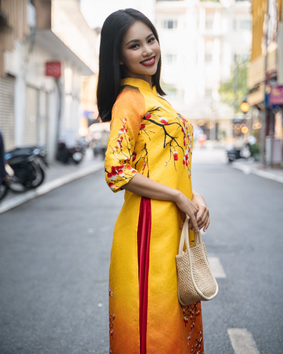 Áo Dài Nữ Gấm Vàng Cam Pride Việt Nam