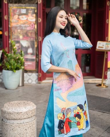  Áo Dài Nữ Gấm Xanh Nhạt Họa Tiết Pride Việt Nam 
