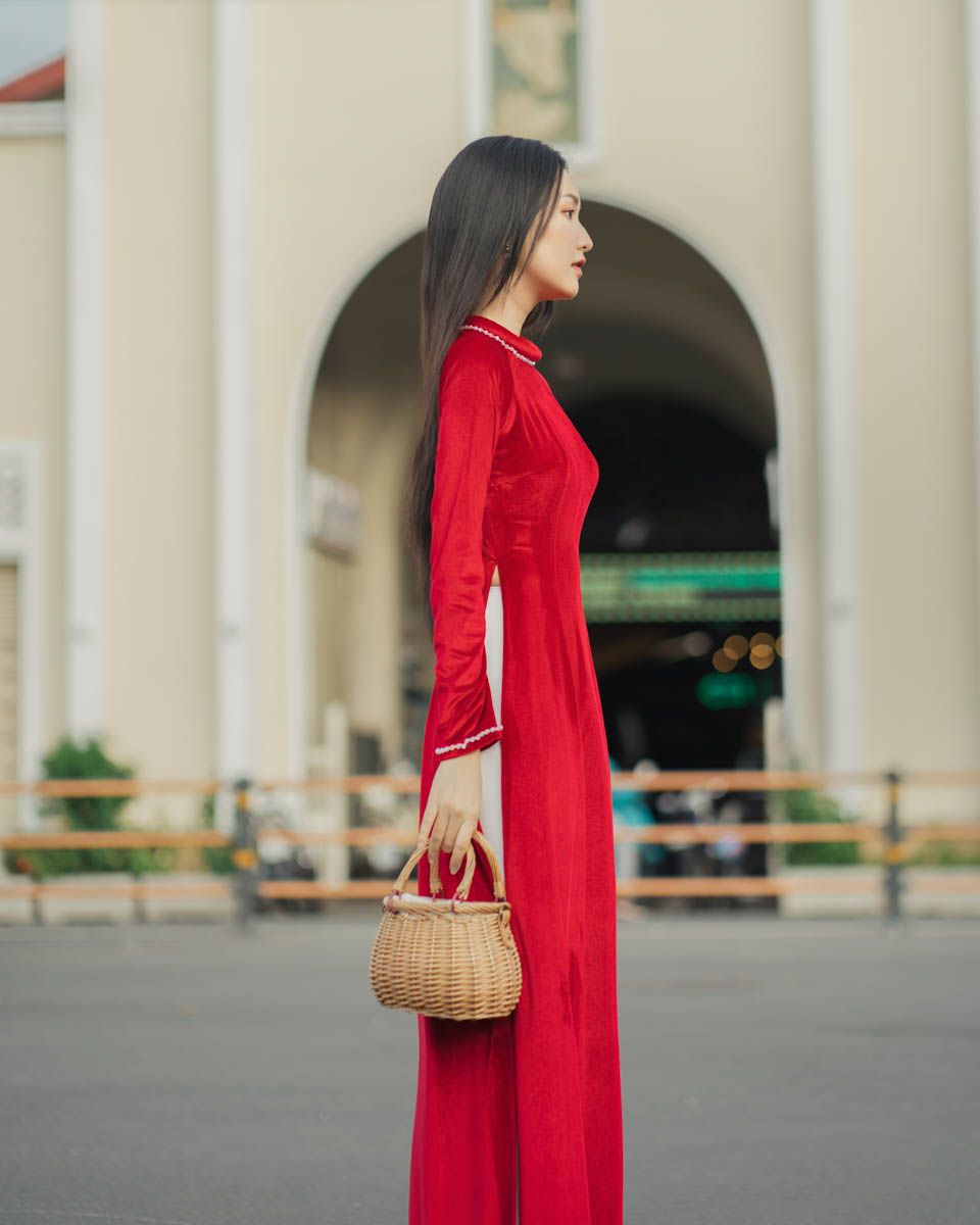 Áo Dài Nữ Nhung Đỏ Đính Đá Pride Việt Nam