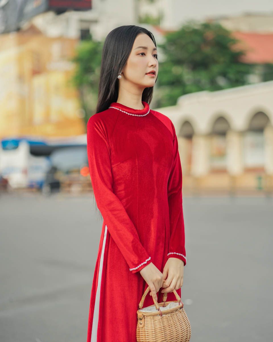 Áo Dài Nữ Nhung Đỏ Đính Đá Pride Việt Nam
