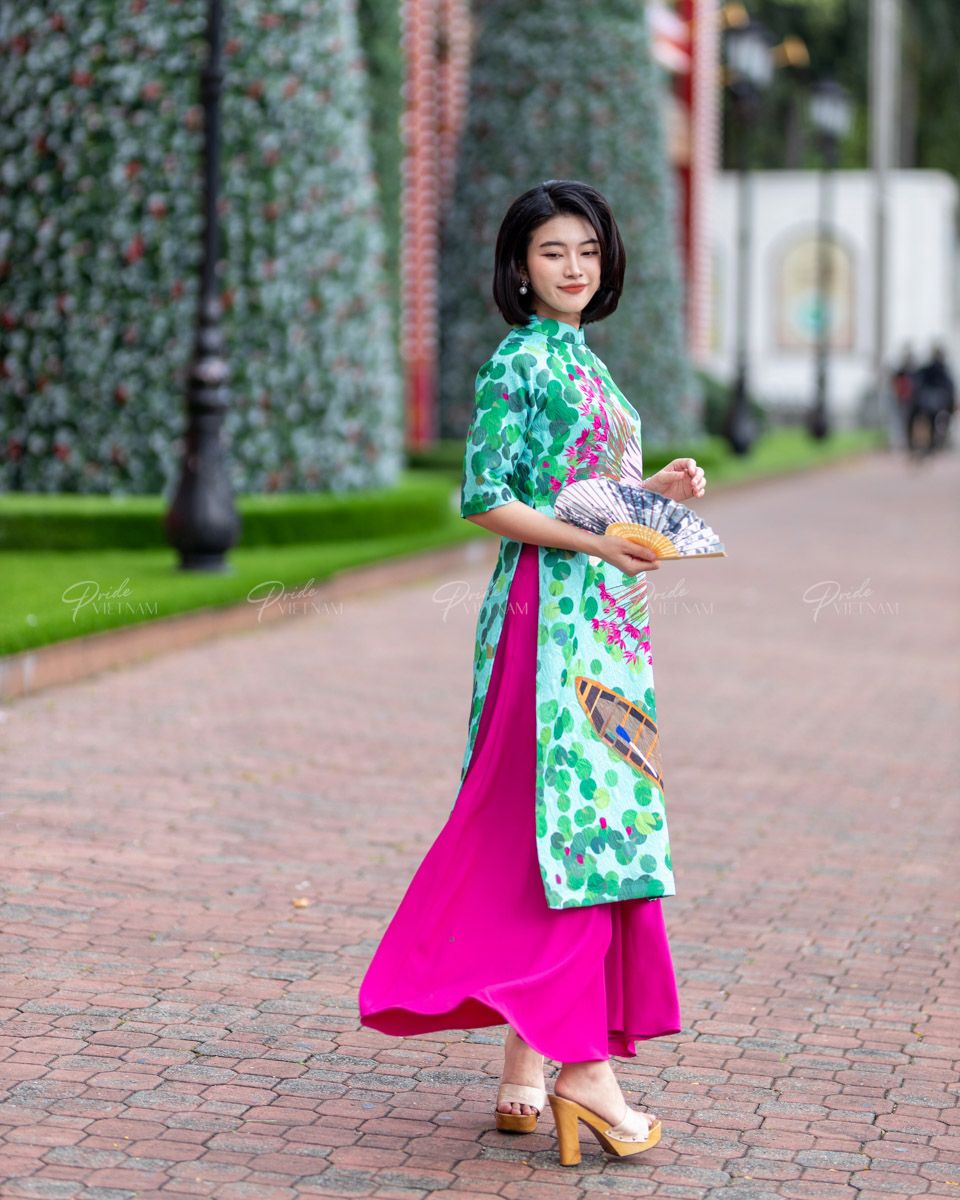 Áo Dài Gấm Nữ Xanh Ruộng Sen Pride Việt Nam