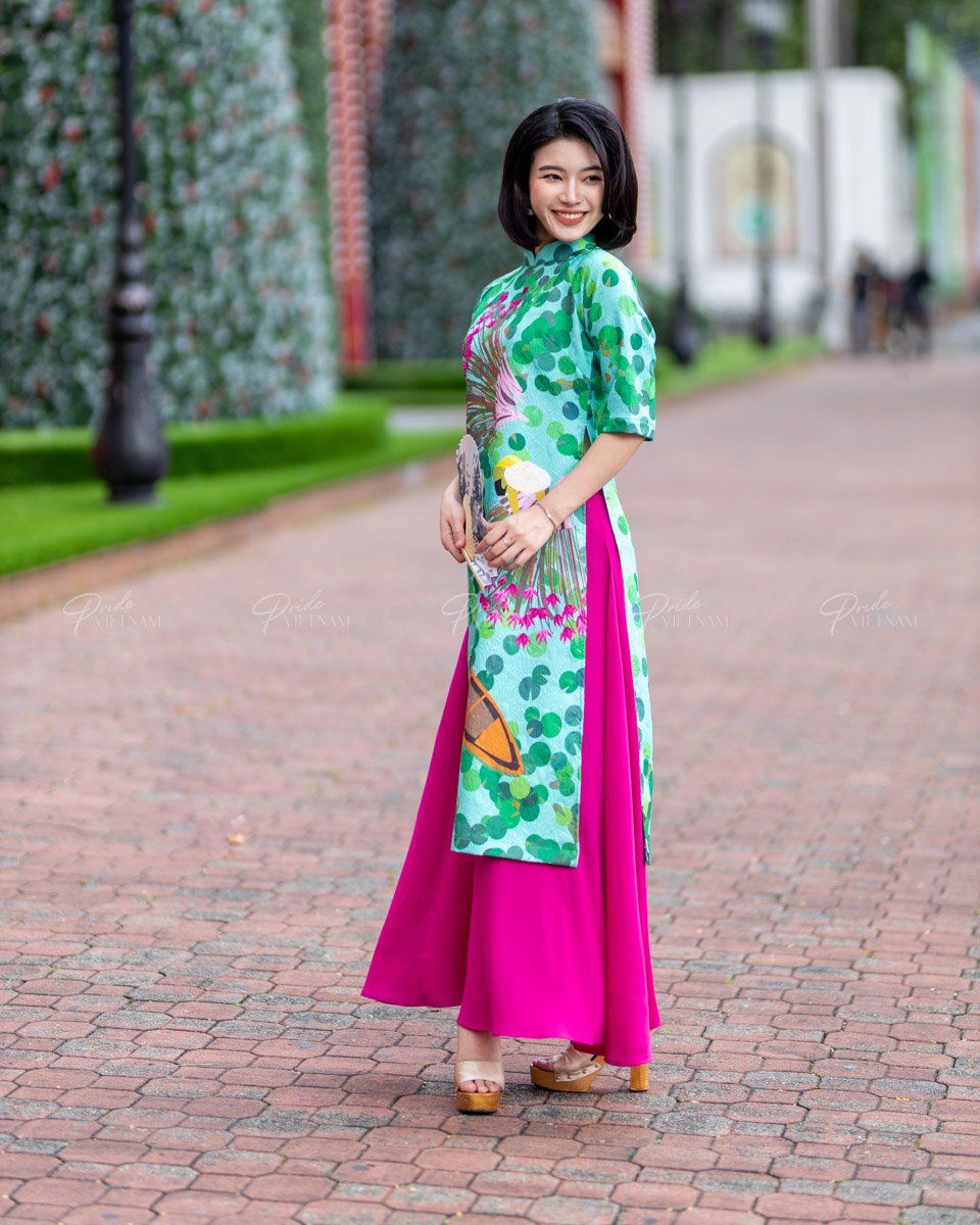 Áo Dài Gấm Nữ Xanh Ruộng Sen Pride Việt Nam
