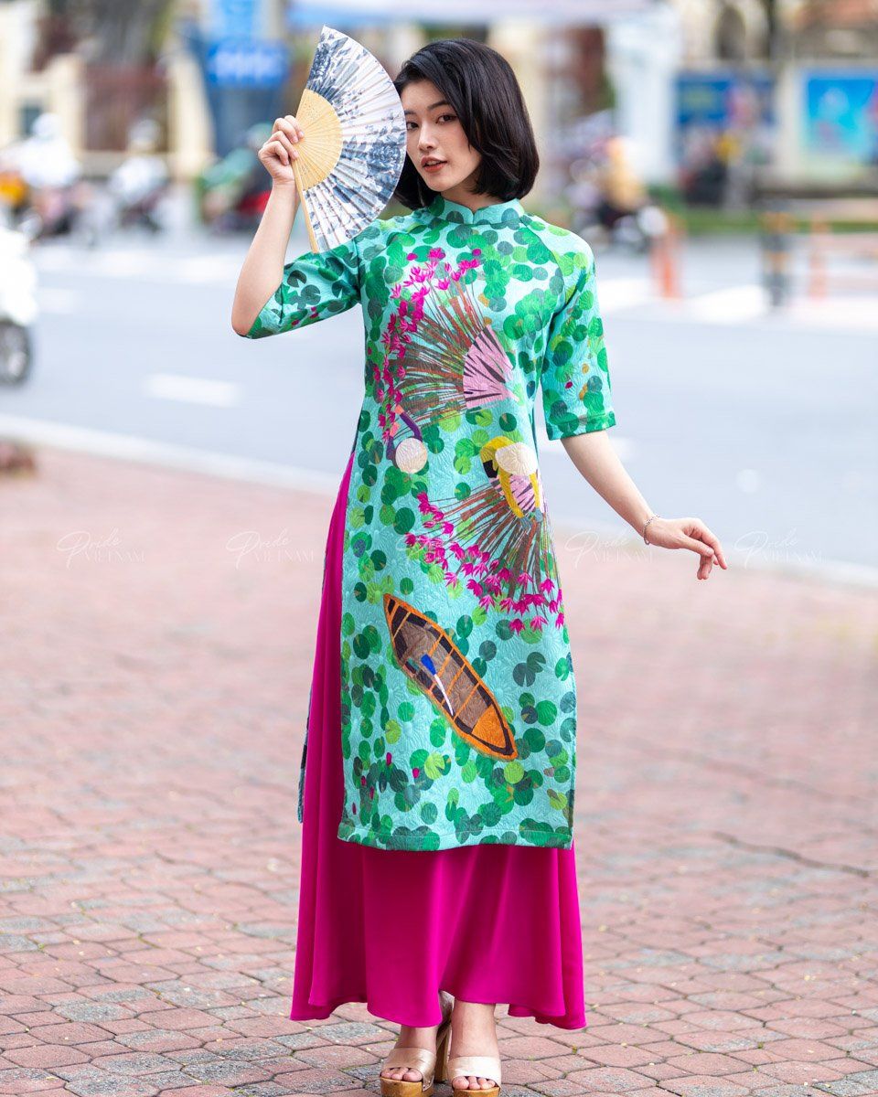 Áo Dài Gấm Nữ Xanh Ruộng Sen Pride Việt Nam