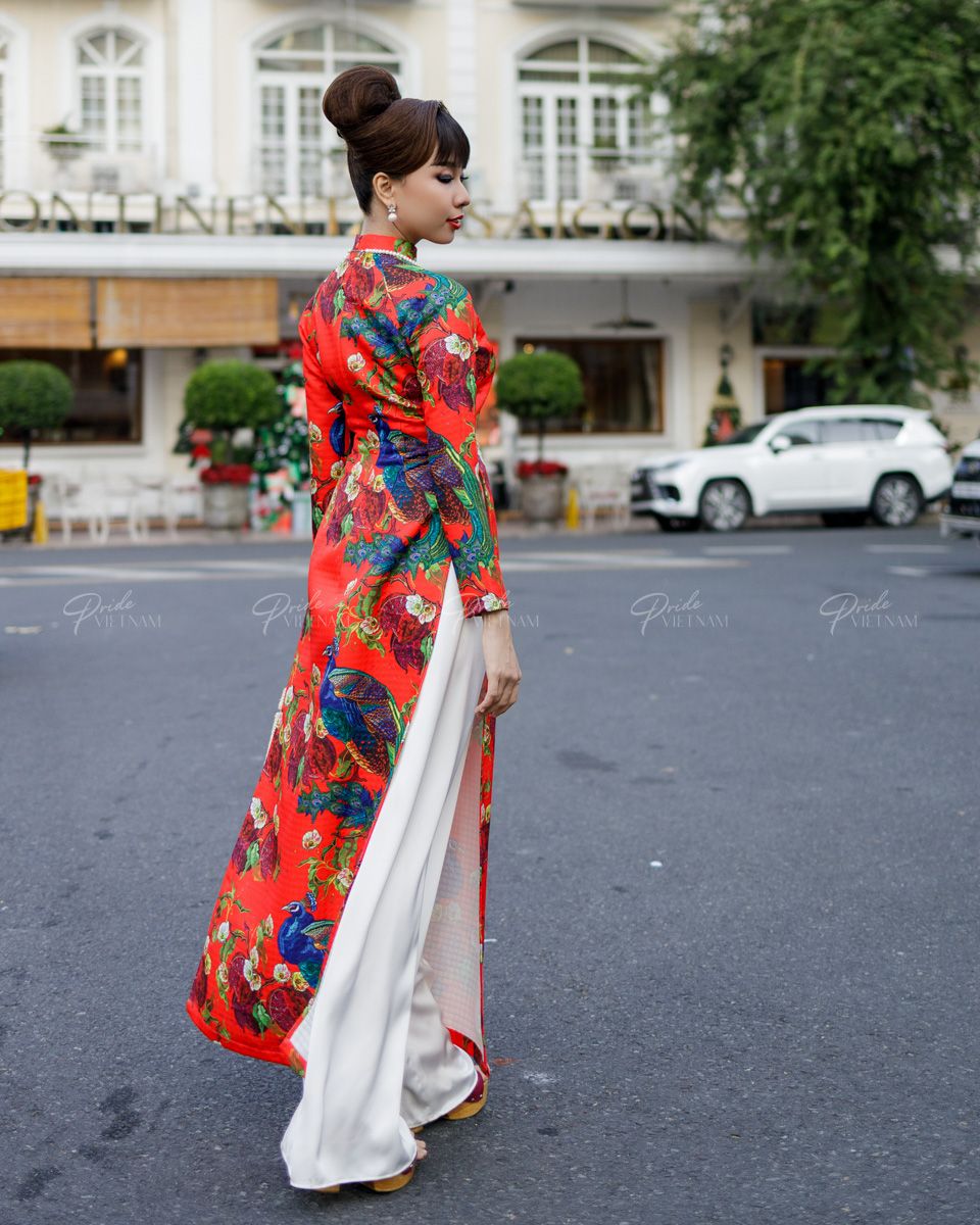 Áo Dài Nữ Gấm Đỏ Cam Pride Việt Nam