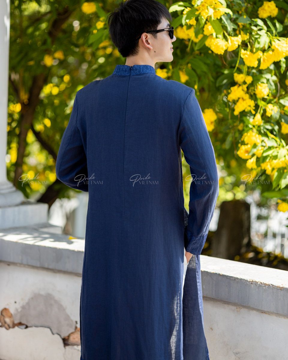 Áo Dài Nam Linen Xanh Đen Đột Chỉ