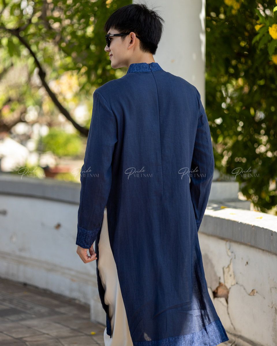 Áo Dài Nam Linen Xanh Đen Đột Chỉ