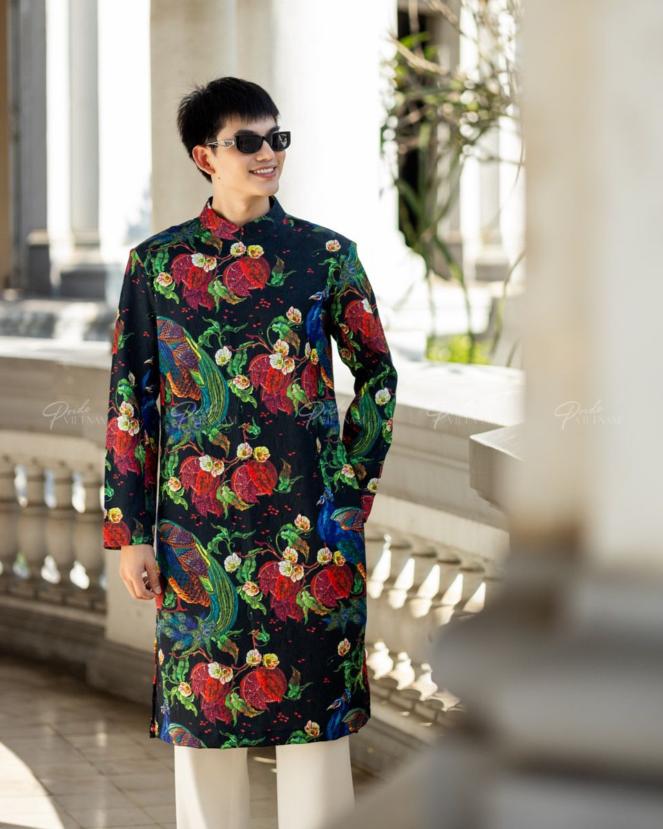 Áo Dài Nam Gấm Đen Công