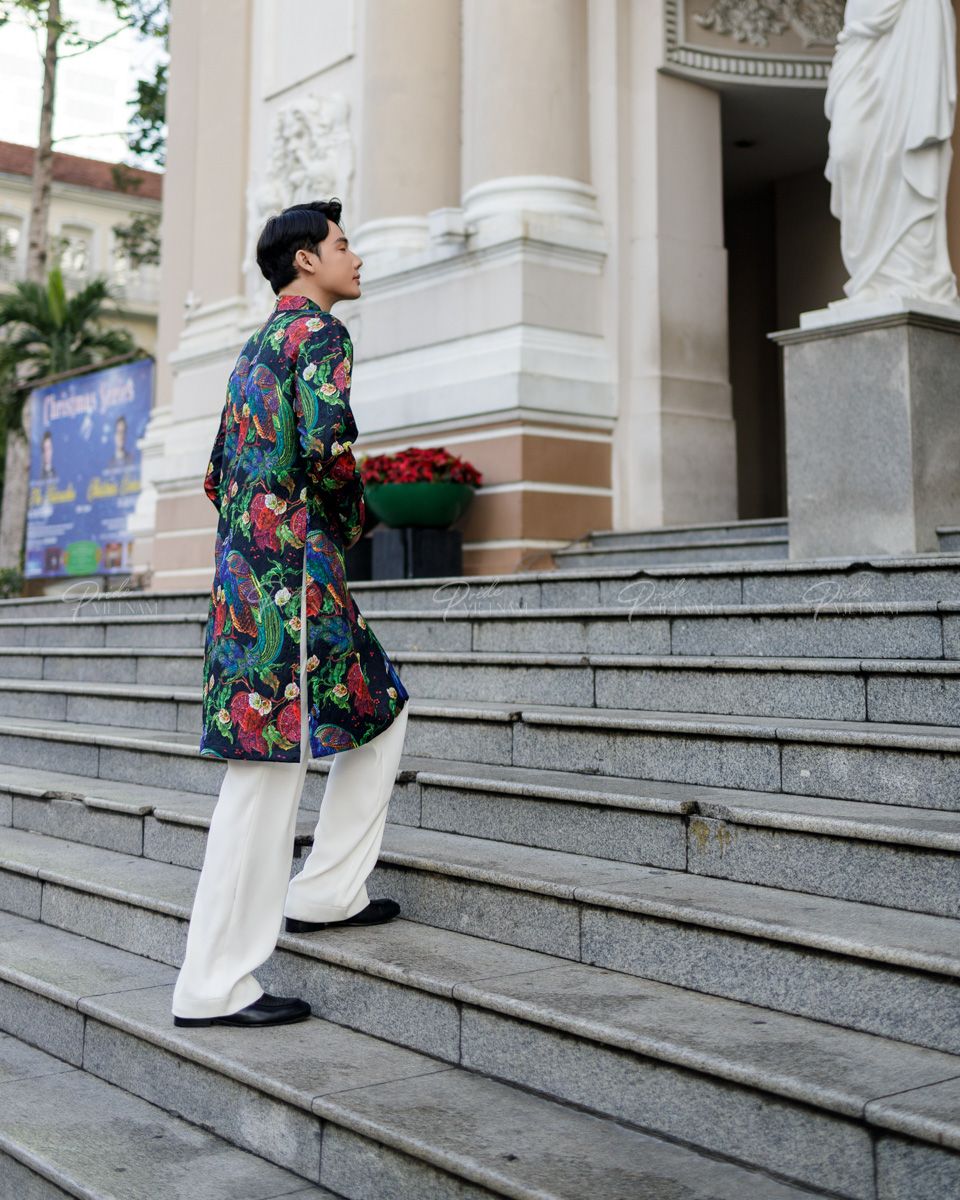 Áo Dài Nam Gấm Đen Công