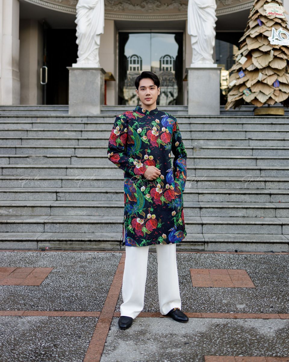 Áo Dài Nam Gấm Đen Công