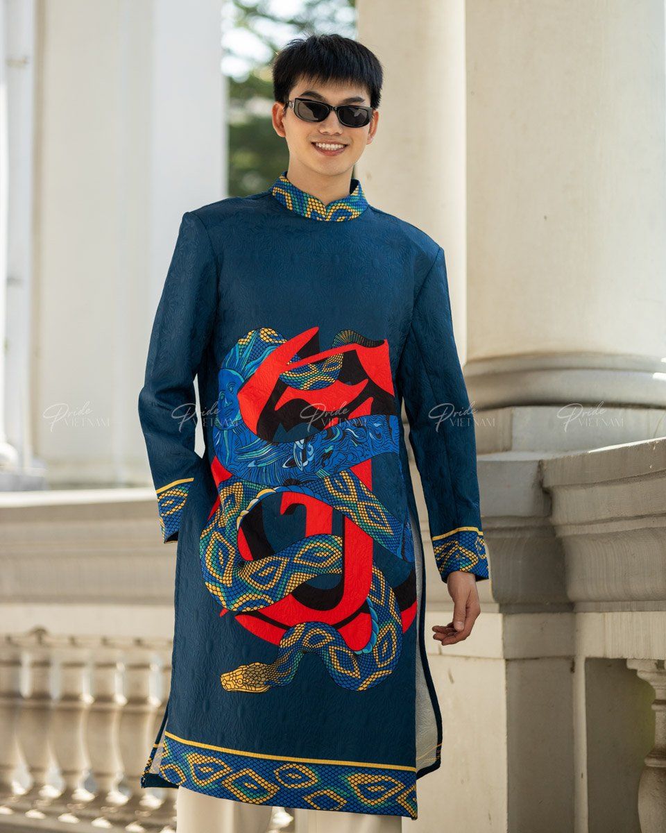 Áo Dài Nam Gấm Xanh Rắn