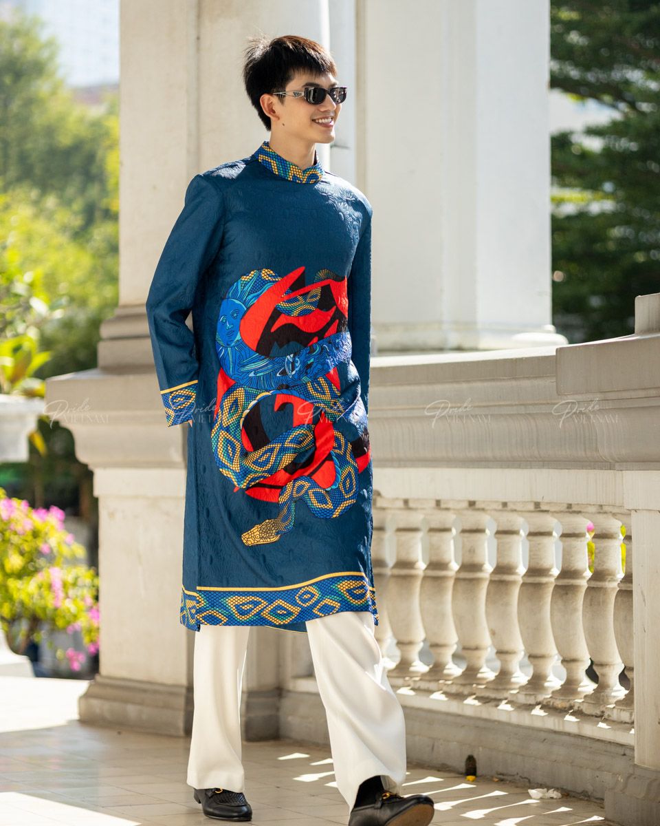 Áo Dài Nam Gấm Xanh Rắn