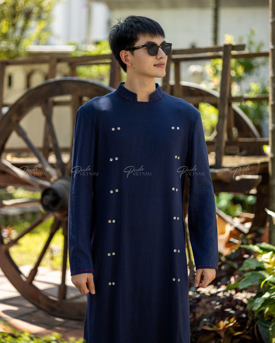 Áo Dài Nam Linen Xanh Đen Kết Nút