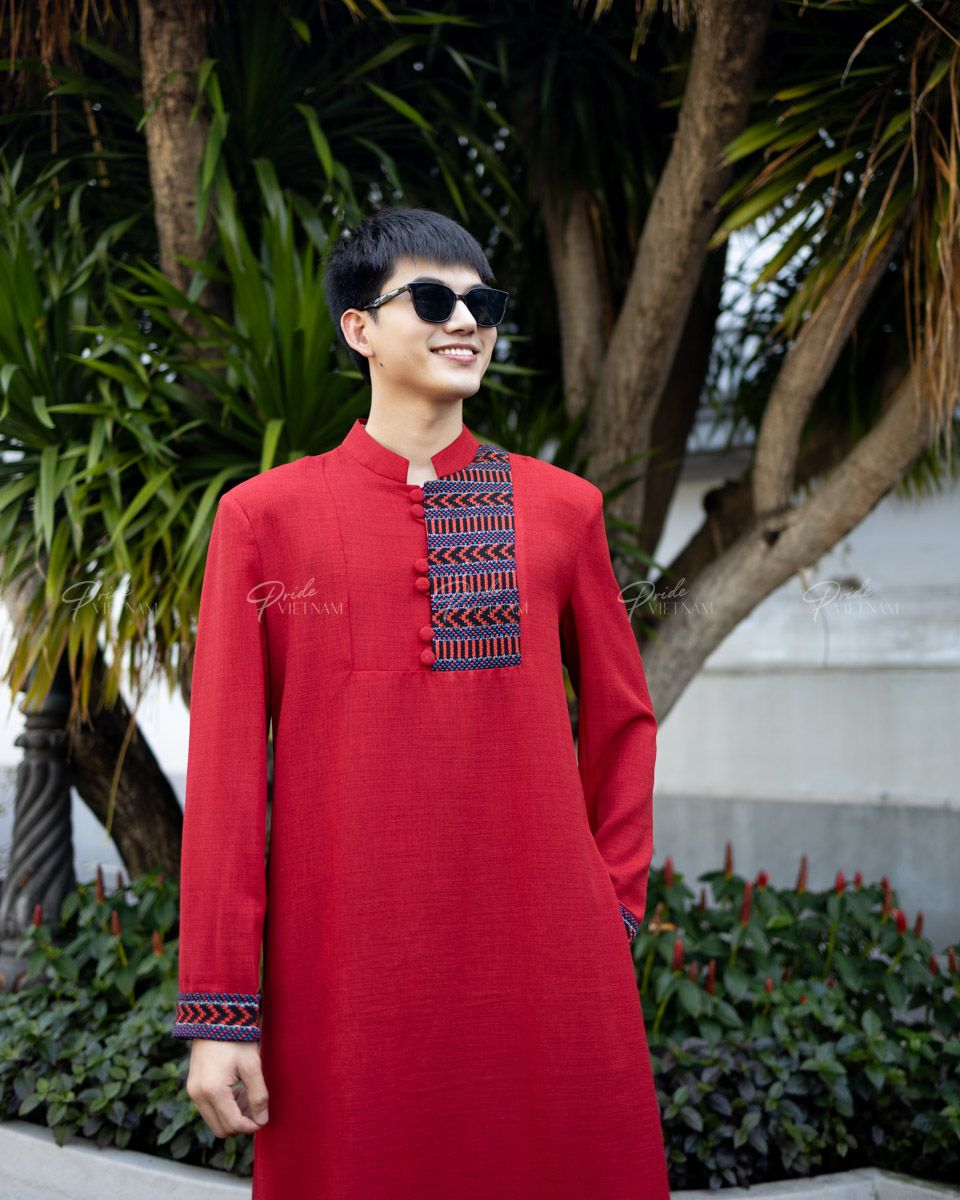 Áo Dài Nam Linen Đỏ Phối Họa Tiết