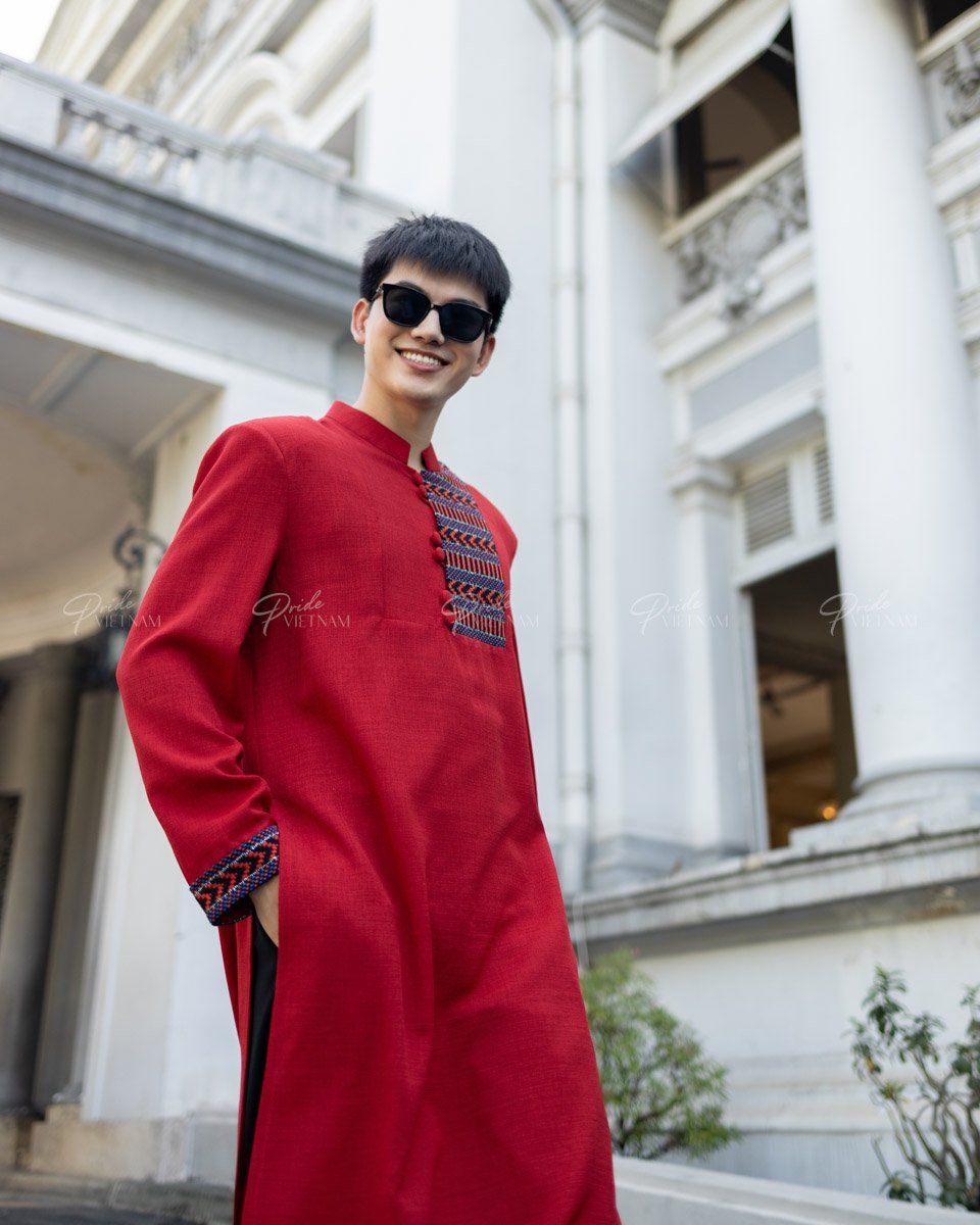 Áo Dài Nam Linen Đỏ Phối Họa Tiết