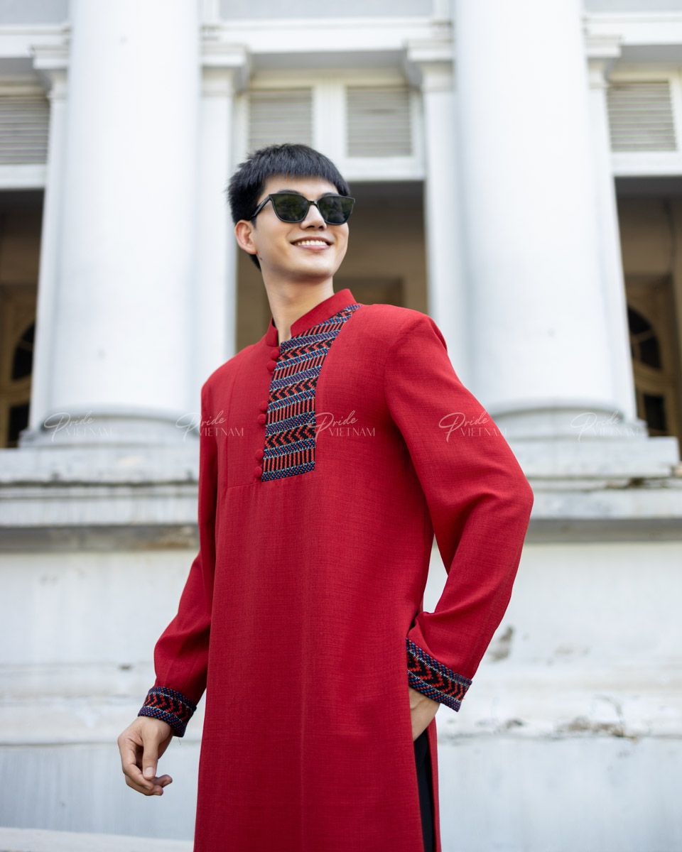 Áo Dài Nam Linen Đỏ Phối Họa Tiết