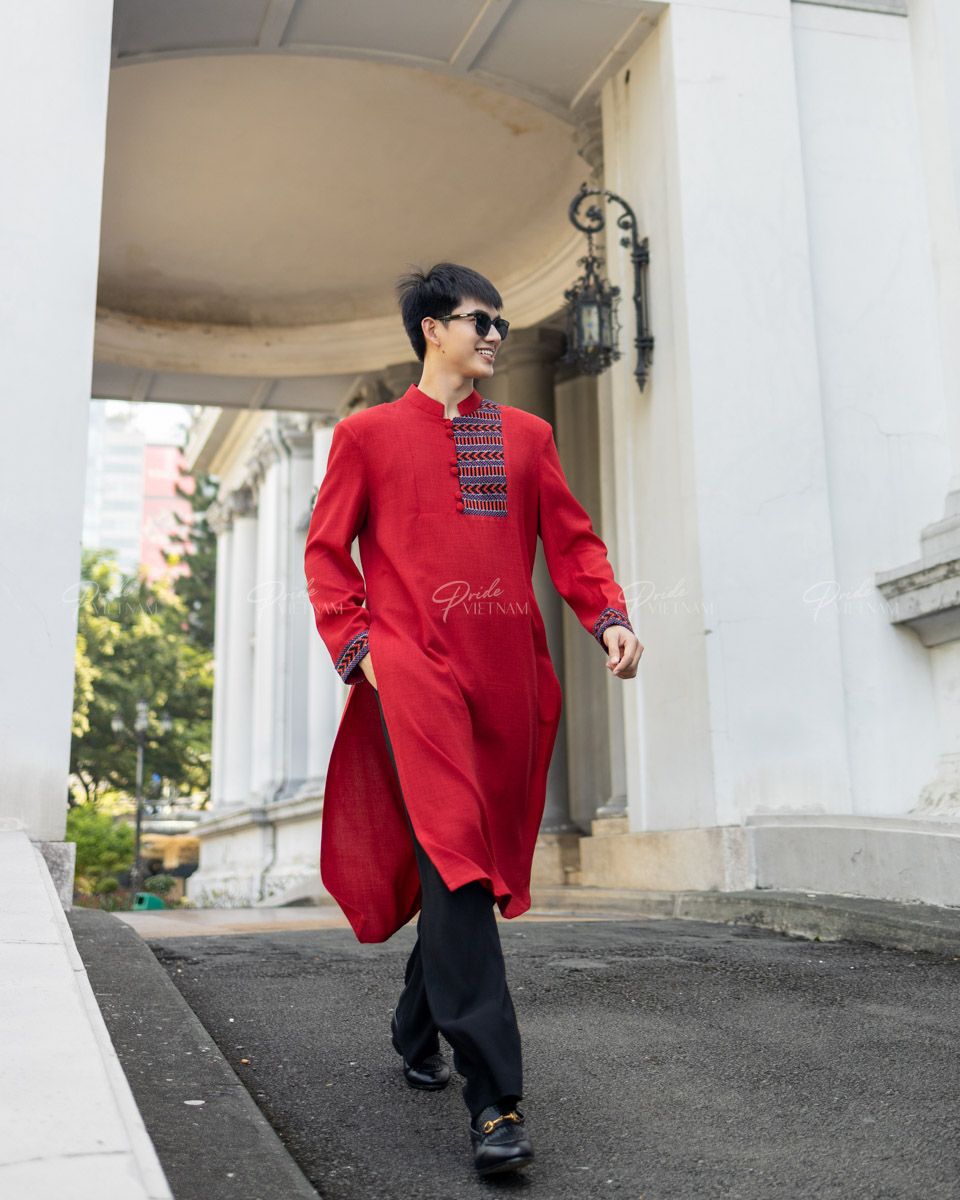 Áo Dài Nam Linen Đỏ Phối Họa Tiết