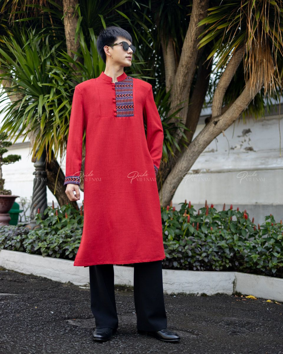 Áo Dài Nam Linen Đỏ Phối Họa Tiết