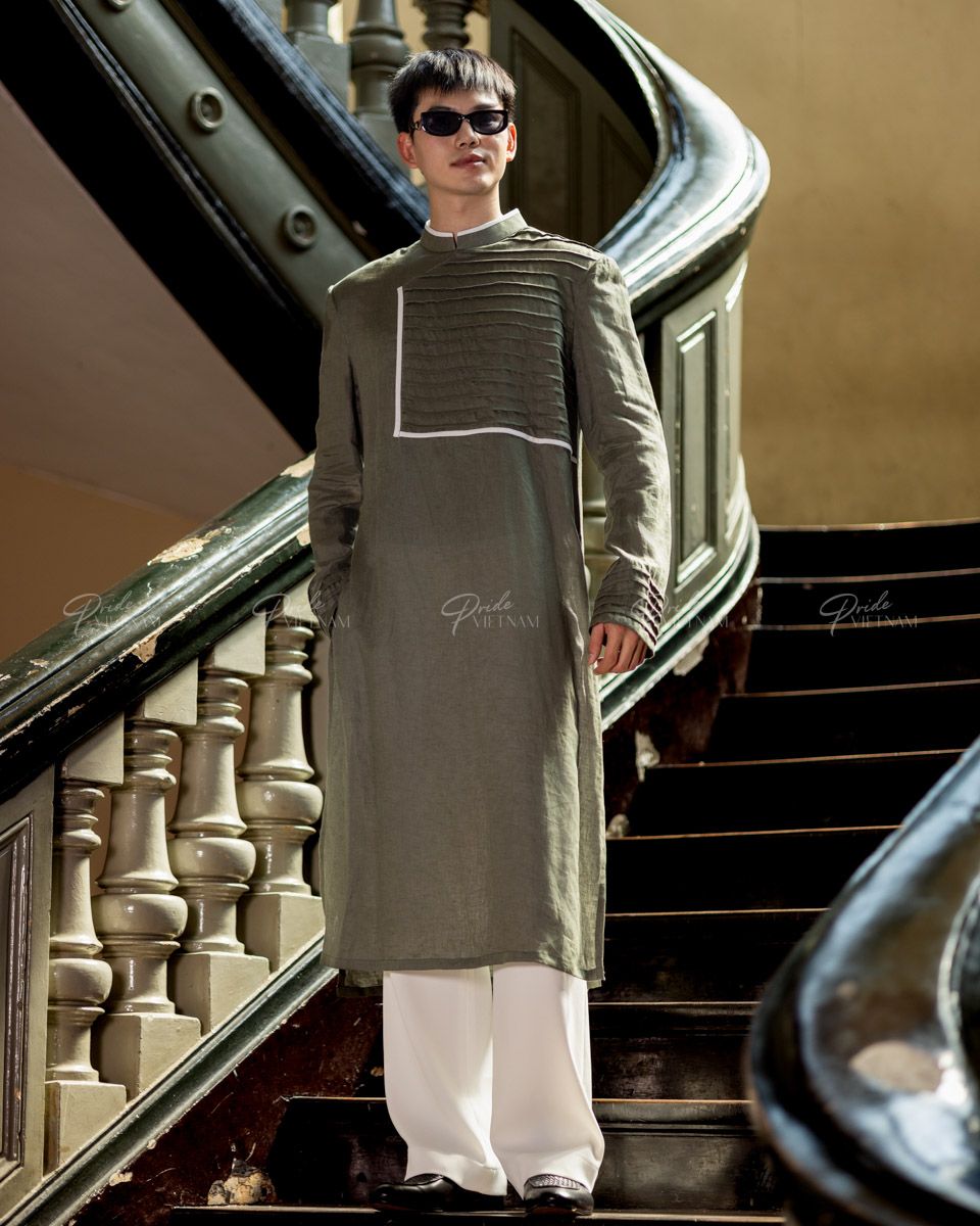 Áo Dài Nam Linen Xanh Rêu Viền Trắng