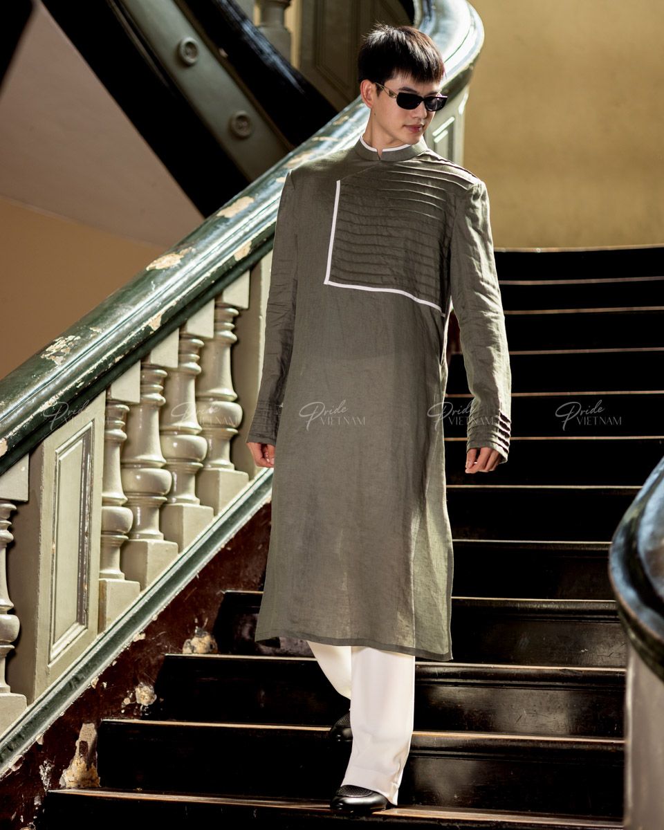 Áo Dài Nam Linen Xanh Rêu Viền Trắng
