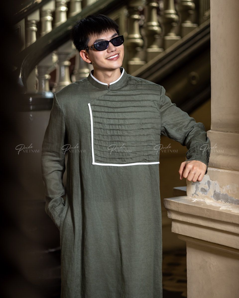 Áo Dài Nam Linen Xanh Rêu Viền Trắng