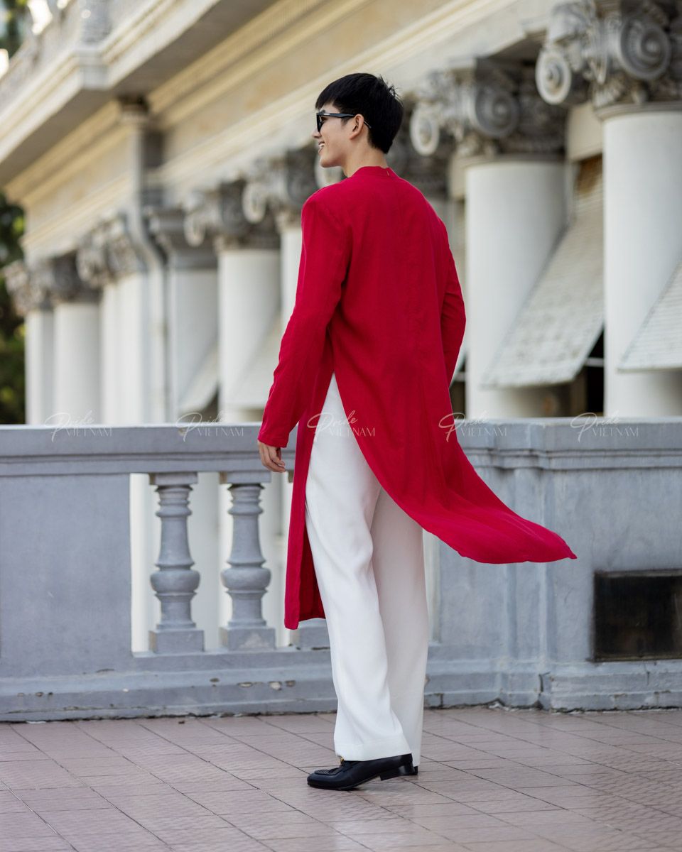 Áo Dài Nam Linen Đỏ Kết Nút
