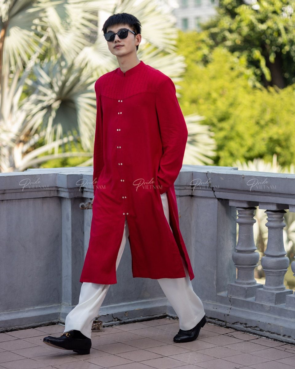 Áo Dài Nam Linen Đỏ Kết Nút