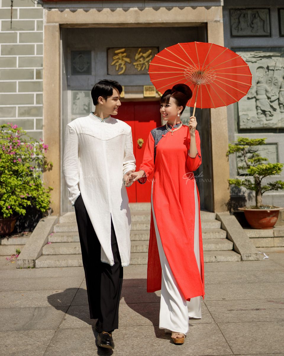 Áo Dài Nam Linen Trắng Xếp Ly Đột Chỉ