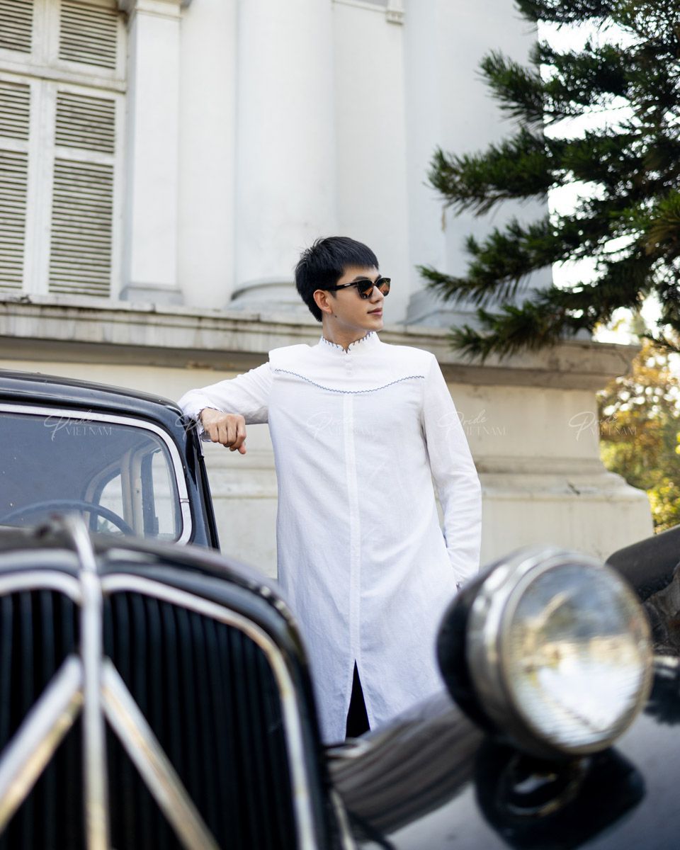 Áo Dài Nam Linen Trắng Đột Chỉ