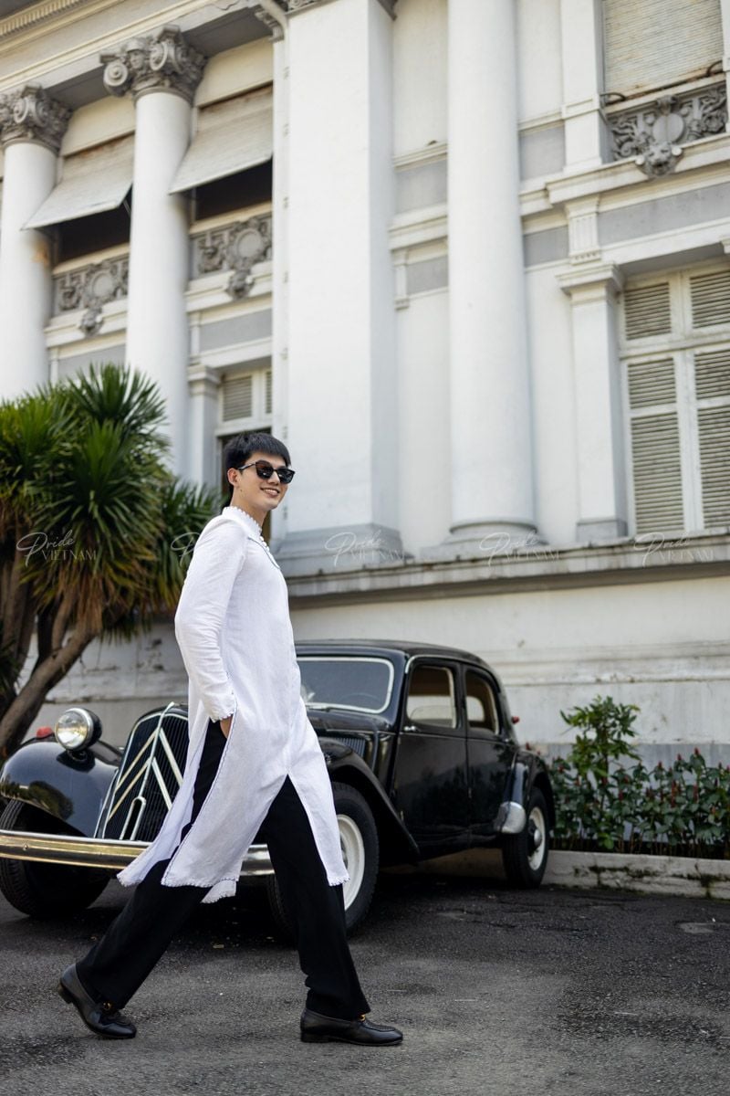 Áo Dài Nam Linen Trắng Đột Chỉ