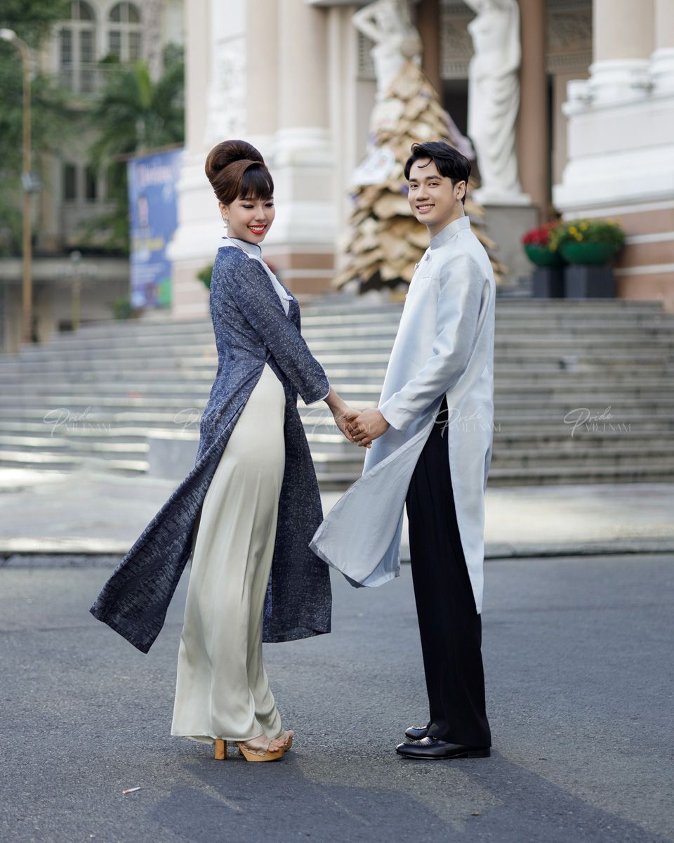 Áo Dài Gấm Nam Xanh Pastel Pride Việt Nam