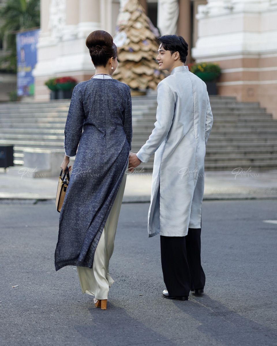 Áo Dài Gấm Nam Xanh Pastel Pride Việt Nam