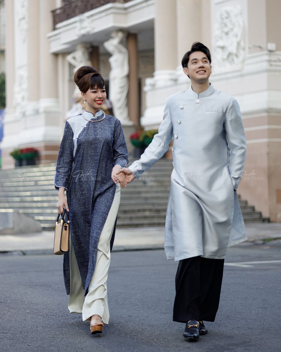 Áo Dài Gấm Nam Xanh Pastel Pride Việt Nam