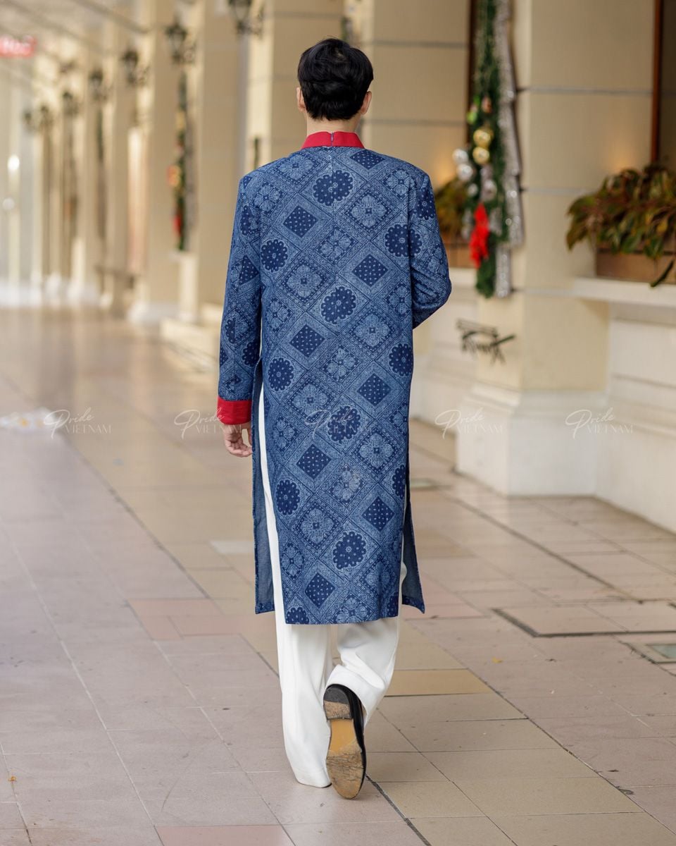 Áo Dài Nam Jean Xanh Đen Họa Tiết