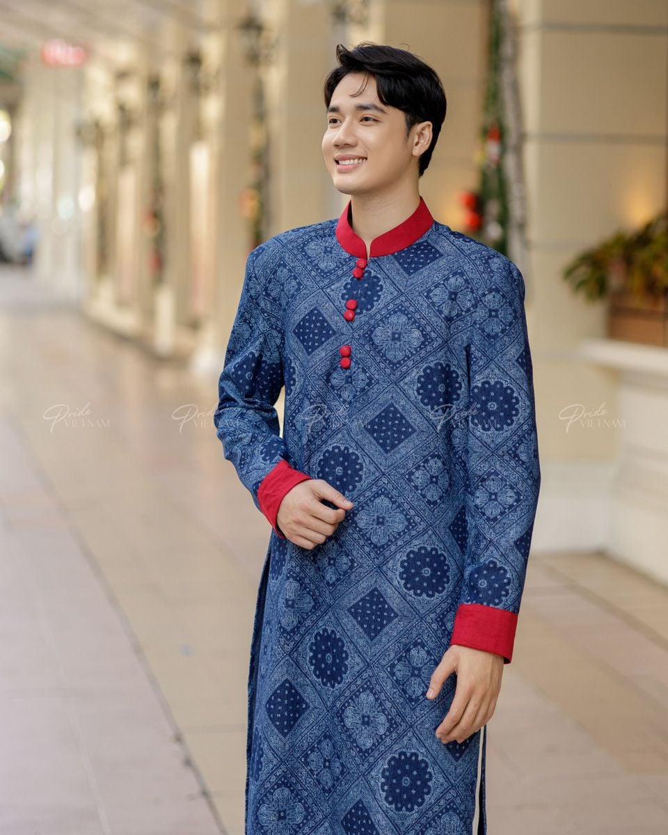 Áo Dài Nam Jean Xanh Đen Họa Tiết