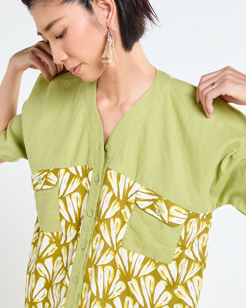 Áo Linen Nữ Xanh Phối Họa Tiết Tender Drit