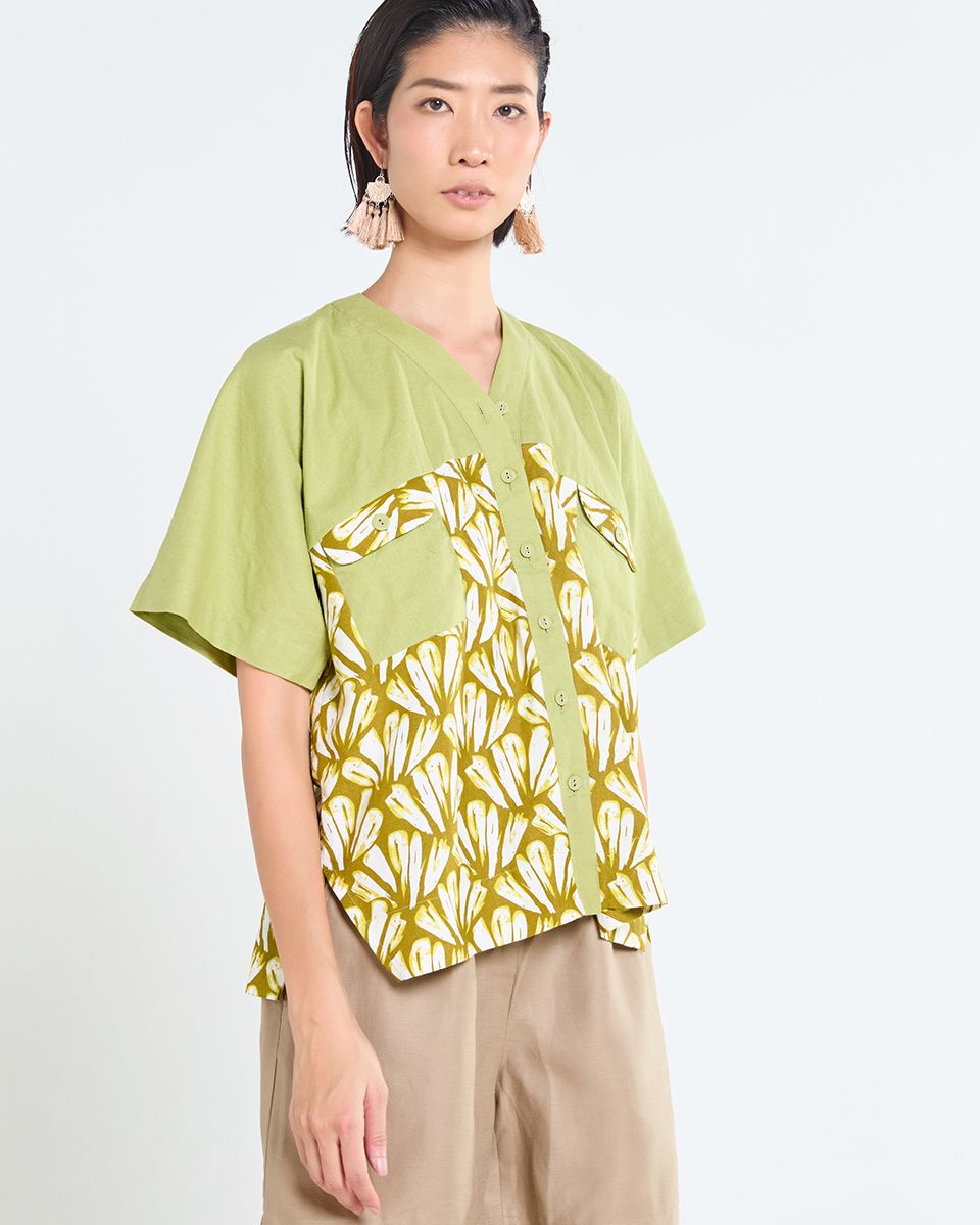 Áo Linen Nữ Xanh Phối Họa Tiết Tender Drit