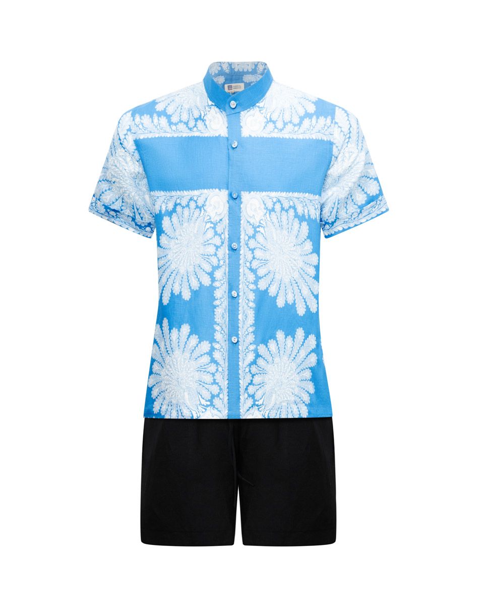 Áo Sơ Mi Linen Nam Xanh Hoa Trắng Tay Ngắn