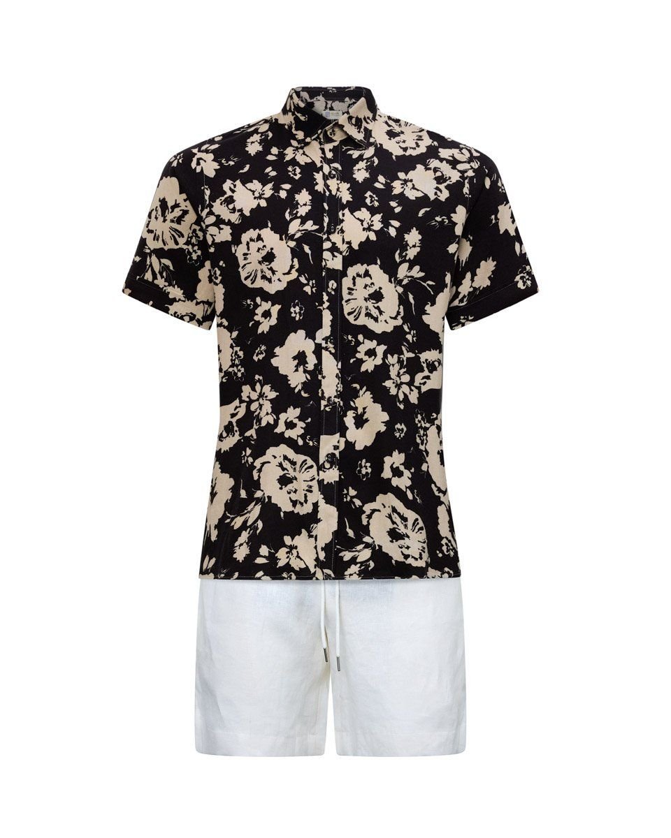 Áo Sơ Mi Nam Linen Nâu Hoa Kem Tay Ngắn