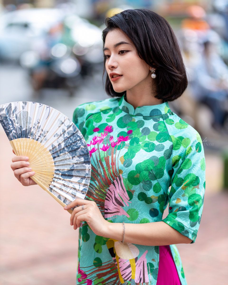 Áo Dài Gấm Nữ Xanh Ruộng Sen Pride Việt Nam