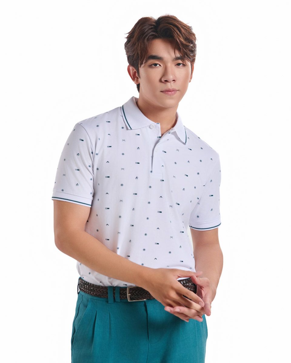 Áo Thun Nam Cotton Trắng Họa Tiết Xanh Cổ Vịt