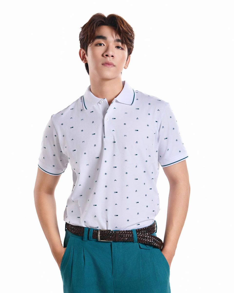 Áo Thun Nam Cotton Trắng Họa Tiết Xanh Cổ Vịt