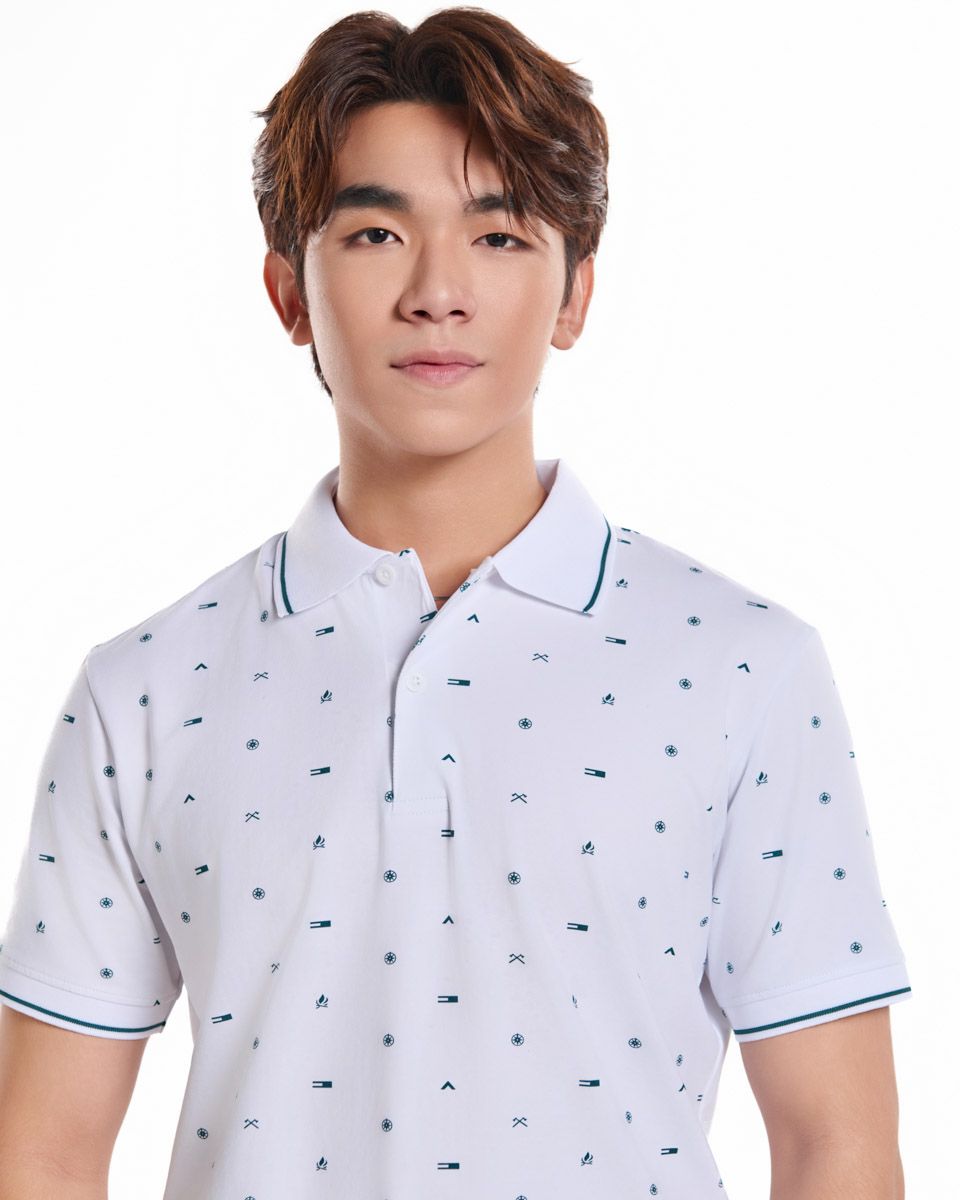 Áo Thun Nam Cotton Trắng Họa Tiết Xanh Cổ Vịt